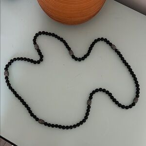 Black Wood Beaded Necklace with Silver Accents